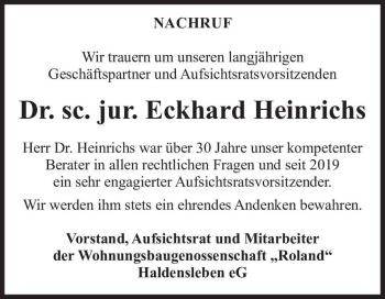 Traueranzeige von Dr. sc. Jur. Eckhard Heinrichs  von Magdeburger Volksstimme