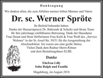 Traueranzeige von Dr. sc. Werner Spröte  von Magdeburger Volksstimme