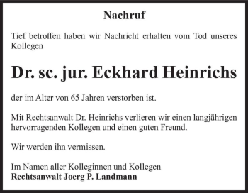 Traueranzeige von Dr. sc. jur. Eckhard Heinrichs  von Magdeburger Volksstimme