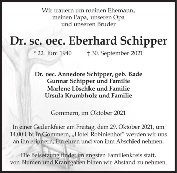 Traueranzeige von Dr. sc. oec. Eberhard Schipper  von Magdeburger Volksstimme