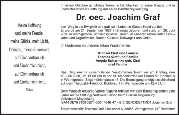 Traueranzeige von Dr oec. Joachim Graf  von Magdeburger Volksstimme