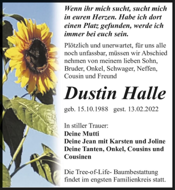 Traueranzeige von Dustin Halle  von Magdeburger Volksstimme