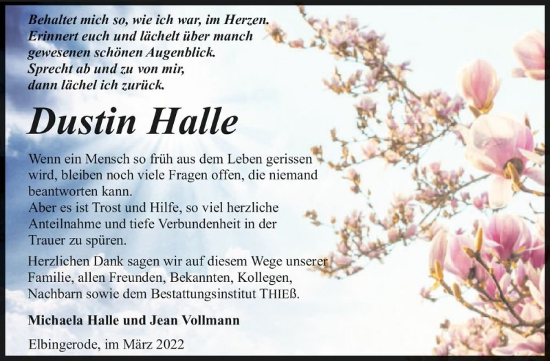  Traueranzeige für Dustin Halle  vom 05.03.2022 aus Magdeburger Volksstimme