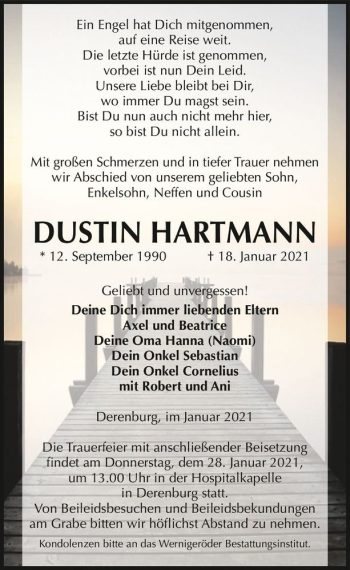 Traueranzeige von Dustin Hartmann  von Magdeburger Volksstimme