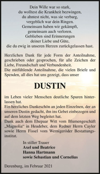Traueranzeige von Dustin Hartmann  von Magdeburger Volksstimme
