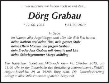 Traueranzeige von Dörg Grabau  von Magdeburger Volksstimme