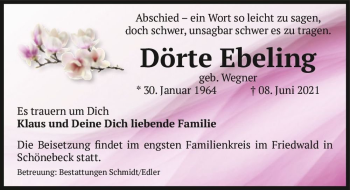 Traueranzeige von Dörte Ebeling (geb. Wegner)  von Magdeburger Volksstimme