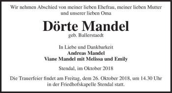 Traueranzeige von Dörte Mandel (geb. Ballerstaedt)  von Magdeburger Volksstimme