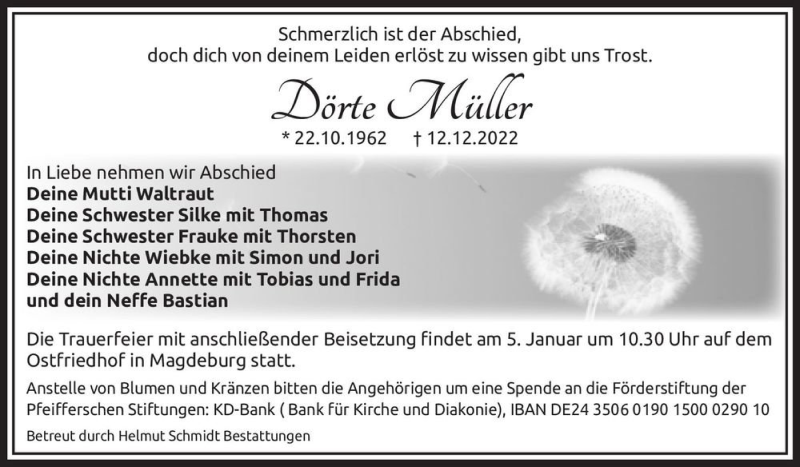  Traueranzeige für Dörte Müller  vom 17.12.2022 aus Magdeburger Volksstimme
