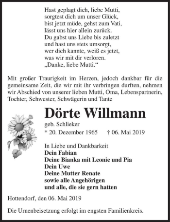 Traueranzeige von Dörte Willmann (geb. Schlieker)  von Magdeburger Volksstimme