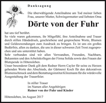 Traueranzeige von Dörte von der Fuhr  von Magdeburger Volksstimme