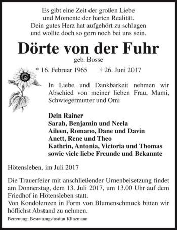 Traueranzeige von Dörte von der Fuhr (geb. Bosse)  von Magdeburger Volksstimme