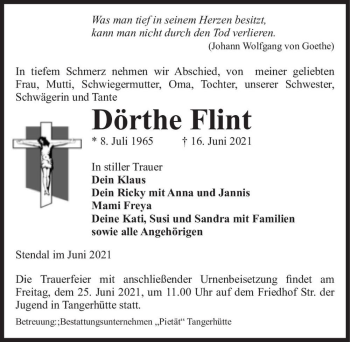 Traueranzeige von Dörthe Flint  von Magdeburger Volksstimme