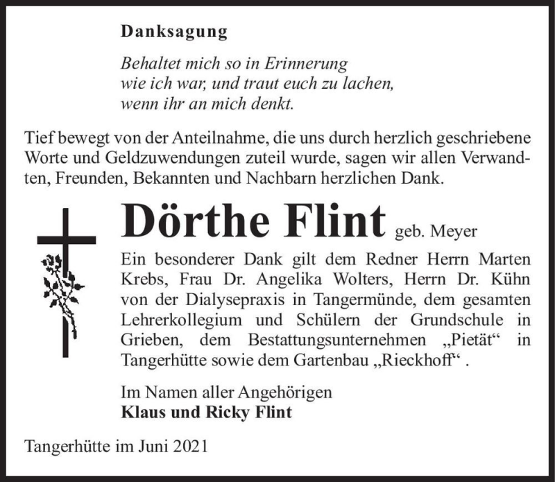  Traueranzeige für Dörthe Flint (geb. Meyer)  vom 03.07.2021 aus Magdeburger Volksstimme