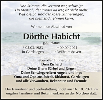 Traueranzeige von Dörthe Habicht (geb. Hauer)  von Magdeburger Volksstimme