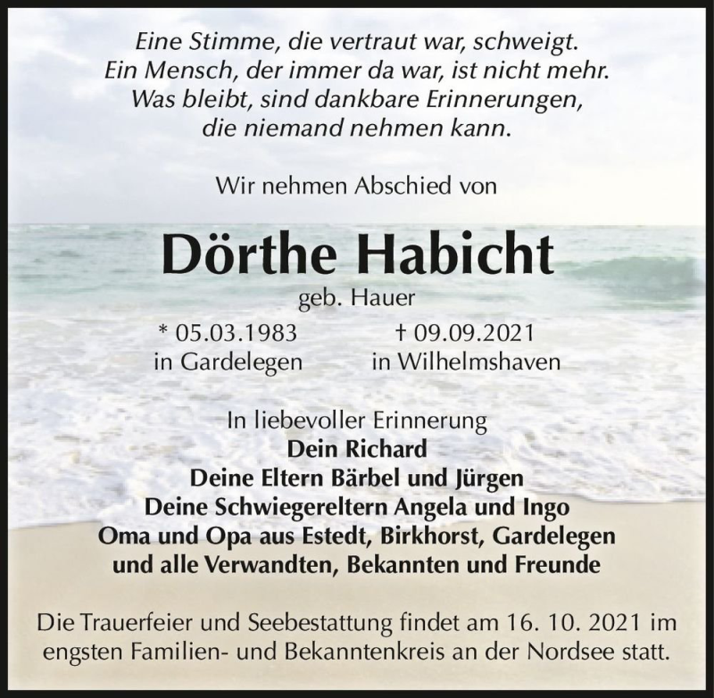  Traueranzeige für Dörthe Habicht (geb. Hauer)  vom 25.09.2021 aus Magdeburger Volksstimme