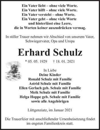 Traueranzeige von ERhard Schulz  von Magdeburger Volksstimme