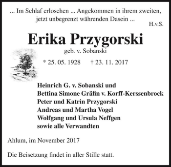 Traueranzeige von ERika Przygorski (geb. v. Sobanski )  von Magdeburger Volksstimme