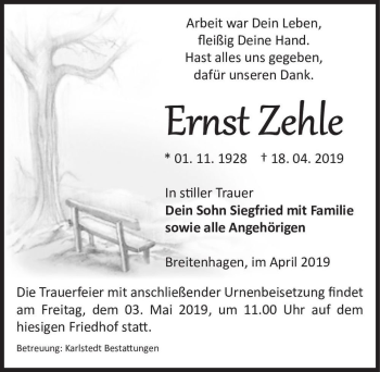 Traueranzeige von ERnst Zehle  von Magdeburger Volksstimme