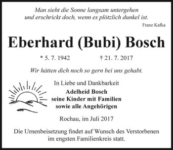 Traueranzeige von Eberhard (Bubi) Bosch  von Magdeburger Volksstimme