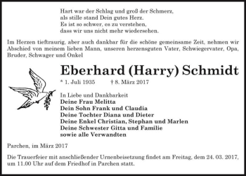 Traueranzeige von Eberhard (Harry) Schmidt  von Magdeburger Volksstimme