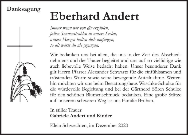  Traueranzeige für Eberhard Andert  vom 19.12.2020 aus Magdeburger Volksstimme