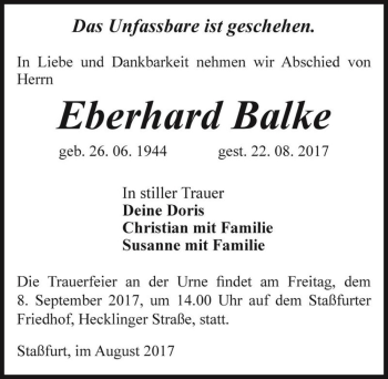 Traueranzeige von Eberhard Balke  von Magdeburger Volksstimme