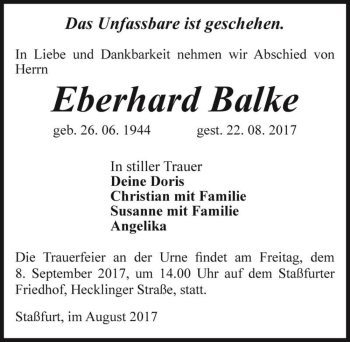 Traueranzeige von Eberhard Balke  von Magdeburger Volksstimme
