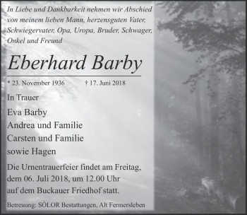 Traueranzeige von Eberhard Barby  von Magdeburger Volksstimme