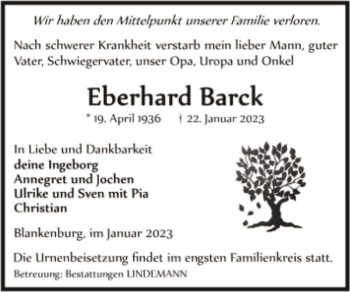 Traueranzeige von Eberhard Barck  von Magdeburger Volksstimme