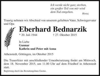 Traueranzeige von Eberhard Bednarzik  von Magdeburger Volksstimme