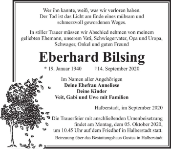 Traueranzeige von Eberhard Bilsing  von Magdeburger Volksstimme