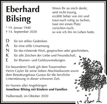Traueranzeige von Eberhard Bilsing  von Magdeburger Volksstimme