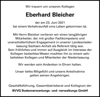 Traueranzeige von Eberhard Bleicher  von Magdeburger Volksstimme