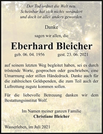 Traueranzeige von Eberhard Bleicher  von Magdeburger Volksstimme