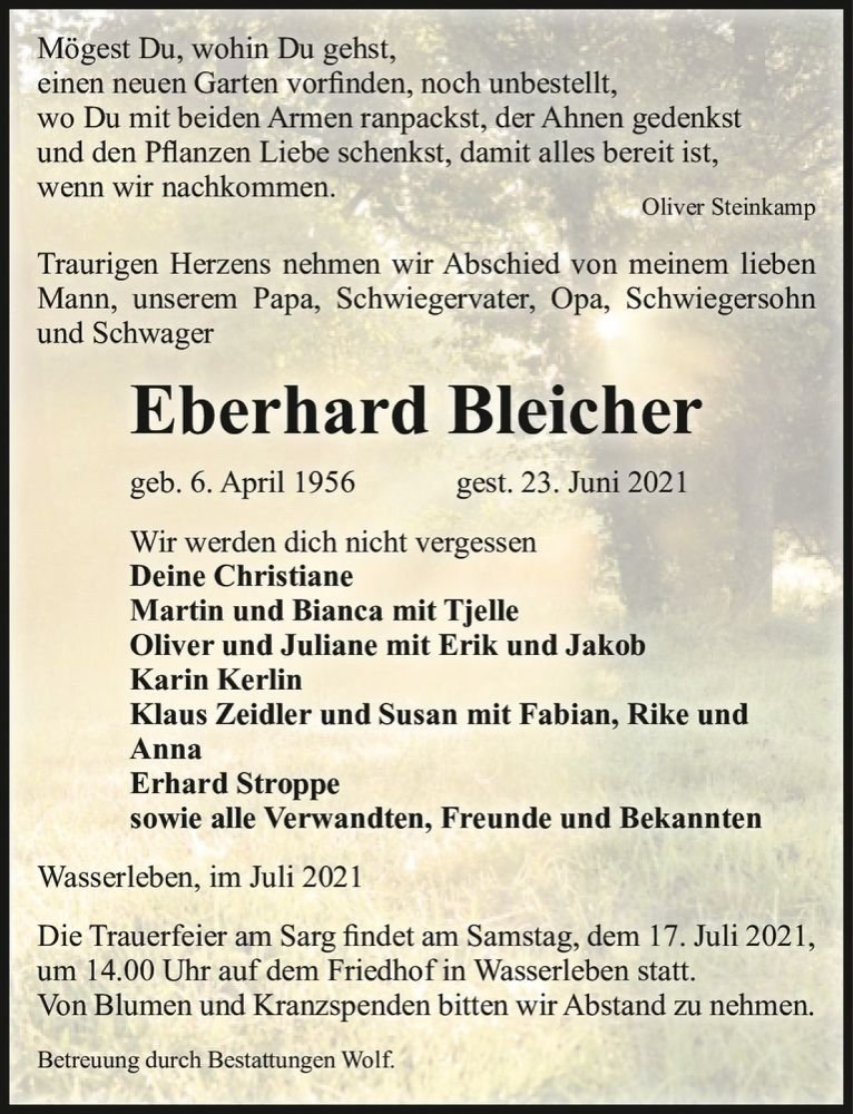  Traueranzeige für Eberhard Bleicher  vom 10.07.2021 aus Magdeburger Volksstimme