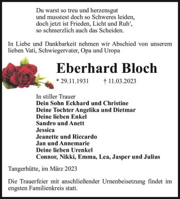 Traueranzeige von Eberhard Bloch  von Magdeburger Volksstimme