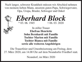 Traueranzeige von Eberhard Block  von Magdeburger Volksstimme