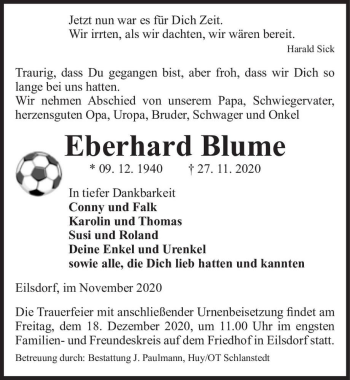 Traueranzeige von Eberhard Blume  von Magdeburger Volksstimme