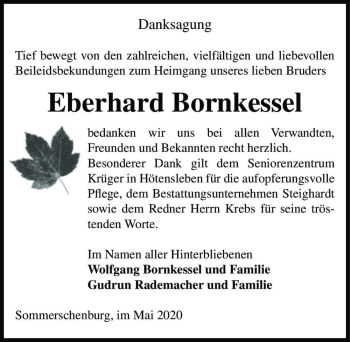 Traueranzeige von Eberhard Bornkessel  von Magdeburger Volksstimme