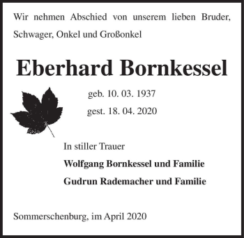 Traueranzeige von Eberhard Bornkessel  von Magdeburger Volksstimme