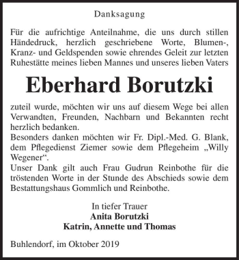 Traueranzeige von Eberhard Borutzki  von Magdeburger Volksstimme