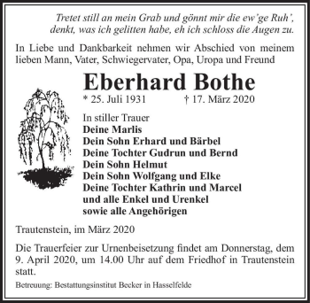 Traueranzeige von Eberhard Bothe  von Magdeburger Volksstimme