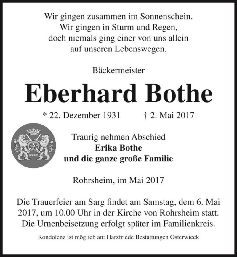  Traueranzeige für Eberhard Bothe  vom 05.05.2017 aus Magdeburger Volksstimme