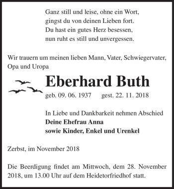 Traueranzeige von Eberhard Buth  von Magdeburger Volksstimme