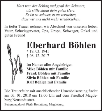 Traueranzeige von Eberhard Böhlen  von Magdeburger Volksstimme