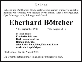 Traueranzeige von Eberhard Böttcher  von Magdeburger Volksstimme