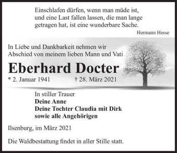 Traueranzeige von Eberhard Docter  von Magdeburger Volksstimme