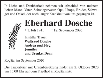 Traueranzeige von Eberhard Dosche  von Magdeburger Volksstimme