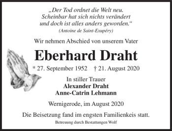 Traueranzeige von Eberhard Draht  von Magdeburger Volksstimme